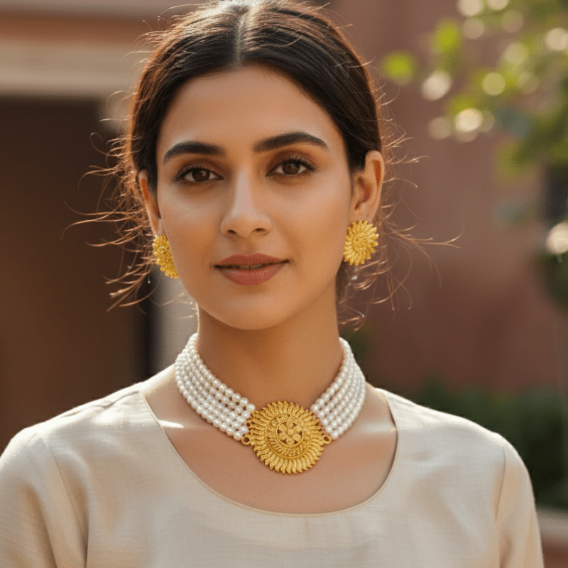 Traditional Gold Plated Pearl Choker Necklace Set with Earrings for Women & Girls - Roop Vibe