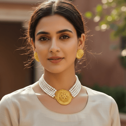 Traditional Gold Plated Pearl Choker Necklace Set with Earrings for Women & Girls - Roop Vibe