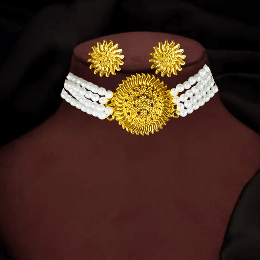 Traditional Gold Plated Pearl Choker Necklace Set with Earrings for Women & Girls - Roop Vibe