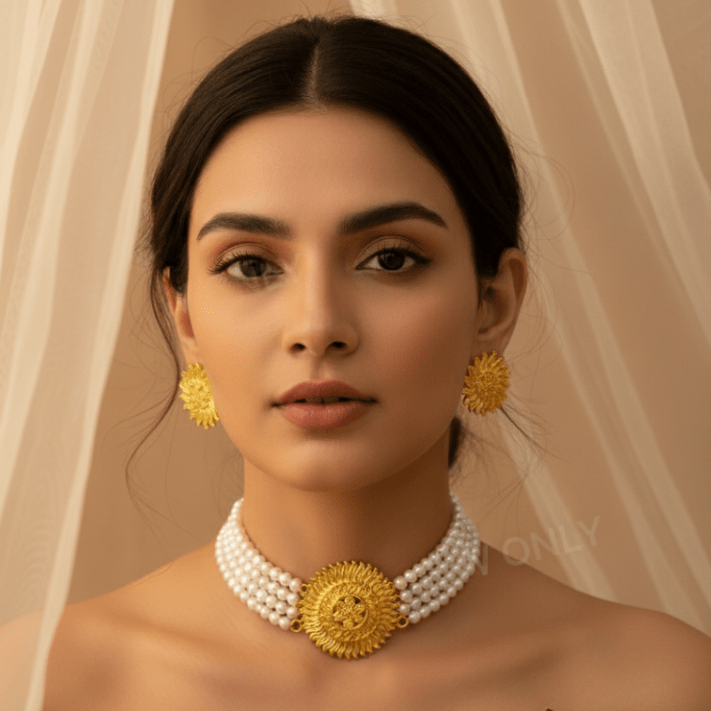 Traditional Gold Plated Pearl Choker Necklace Set with Earrings for Women & Girls - Roop Vibe