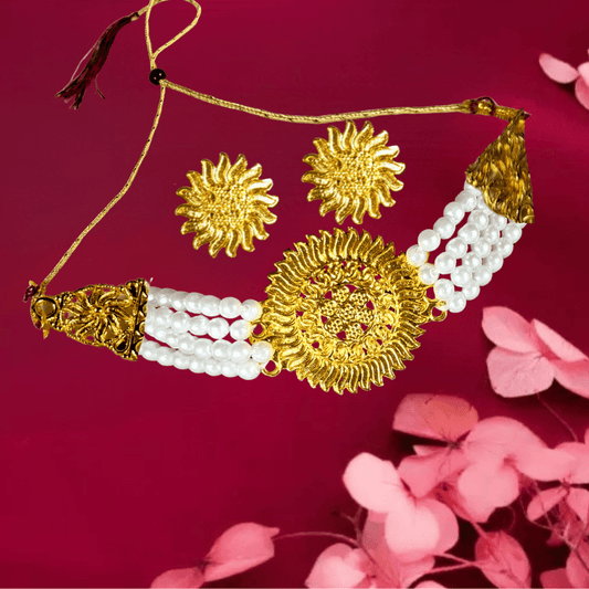 Traditional Gold Plated Pearl Choker Necklace Set with Earrings for Women & Girls - Roop Vibe