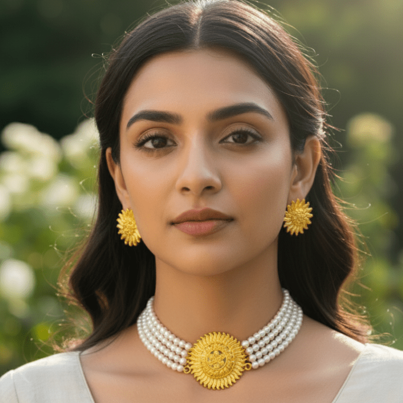Traditional Gold Plated Pearl Choker Necklace Set with Earrings for Women & Girls - Roop Vibe