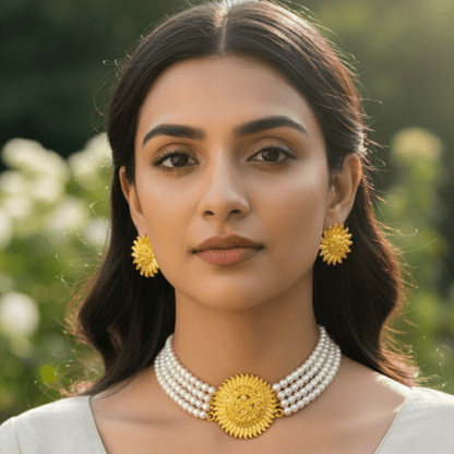 Traditional Gold Plated Pearl Choker Necklace Set with Earrings for Women & Girls - Roop Vibe