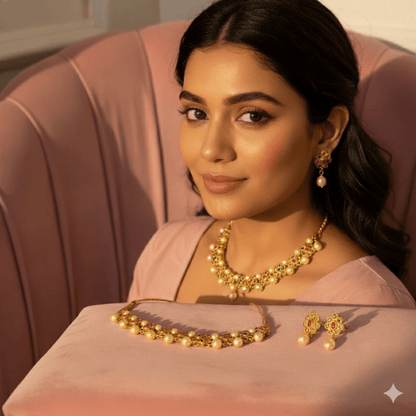 Traditional Gold Plated Pearl & Stone Studded Floral Necklace Set for Women & Girls - Roop Vibe