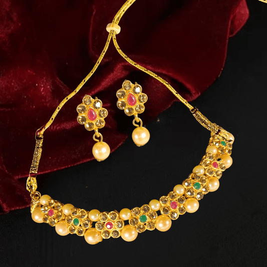 Traditional Gold Plated Pearl & Stone Studded Floral Necklace Set for Women & Girls - Roop Vibe