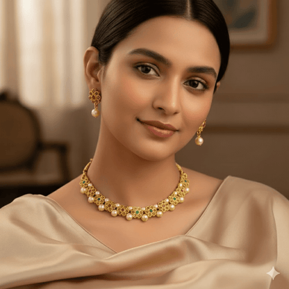 Traditional Gold Plated Pearl & Stone Studded Floral Necklace Set for Women & Girls - Roop Vibe