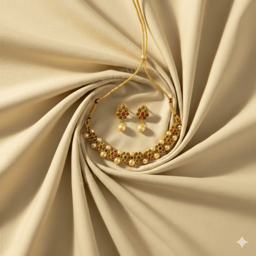 Traditional Gold Plated Pearl & Stone Studded Floral Necklace Set for Women & Girls - Roop Vibe