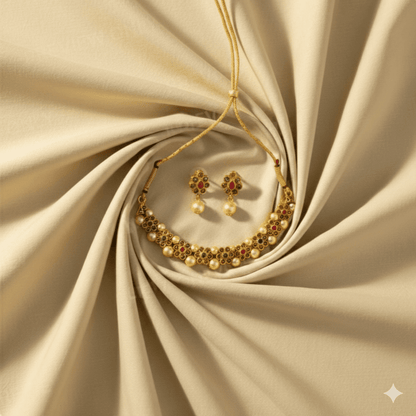 Traditional Gold Plated Pearl & Stone Studded Floral Necklace Set for Women & Girls - Roop Vibe