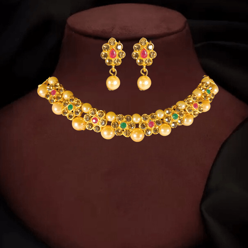 Traditional Gold Plated Pearl & Stone Studded Floral Necklace Set for Women & Girls - Roop Vibe
