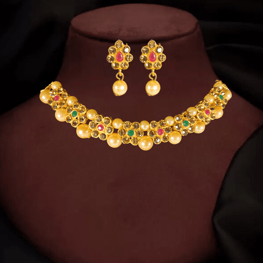 Traditional Gold Plated Pearl & Stone Studded Floral Necklace Set for Women & Girls - Roop Vibe