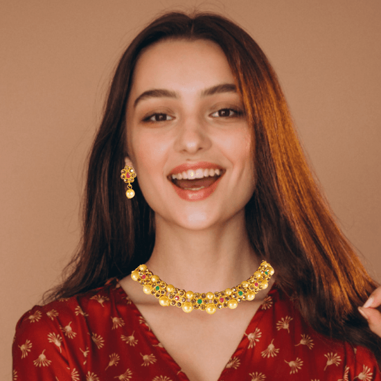 Traditional Gold Plated Pearl & Stone Studded Floral Necklace Set for Women & Girls - Roop Vibe