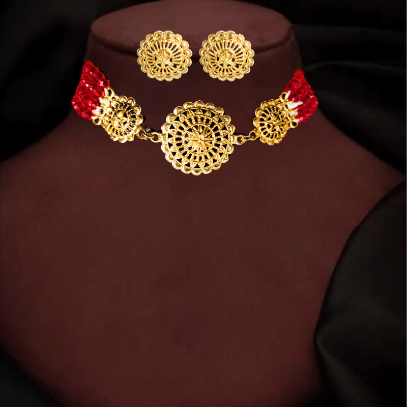 Traditional Gold - Plated Red Beaded Necklace Set with Earrings for Women & Girls - Roop Vibe