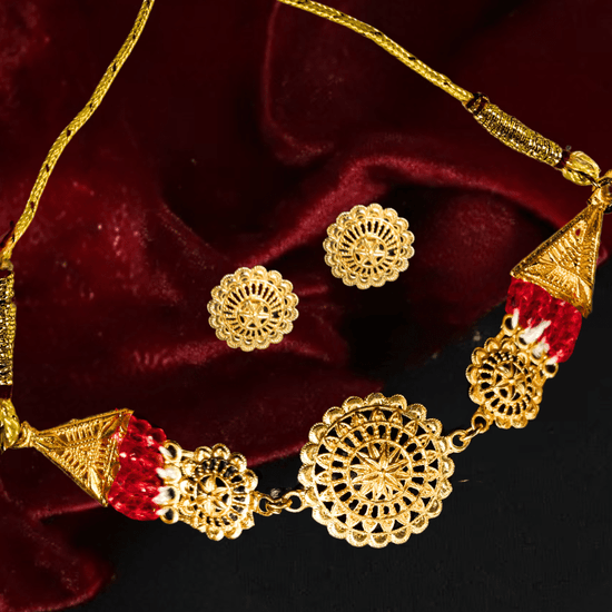Traditional Gold - Plated Red Beaded Necklace Set with Earrings for Women & Girls - Roop Vibe