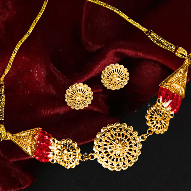 Traditional Gold - Plated Red Beaded Necklace Set with Earrings for Women & Girls - Roop Vibe