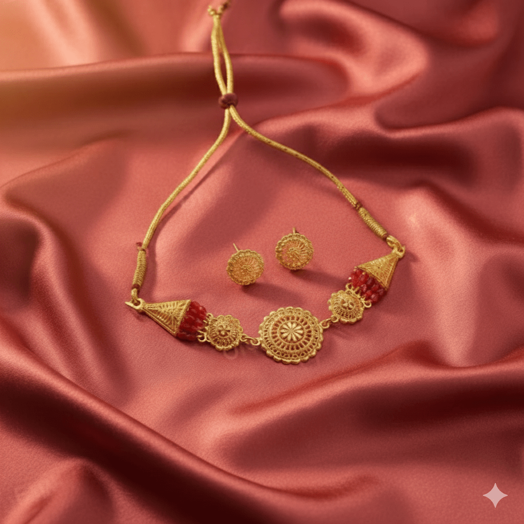 Traditional Gold - Plated Red Beaded Necklace Set with Earrings for Women & Girls - Roop Vibe