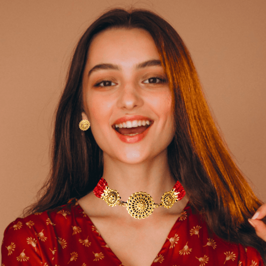 Traditional Gold - Plated Red Beaded Necklace Set with Earrings for Women & Girls - Roop Vibe