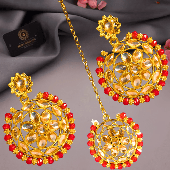 Traditional Kundan Choker Necklace Set with Earrings for Women & Girls - Red & Gold Beaded Jewelry - Roop Vibe