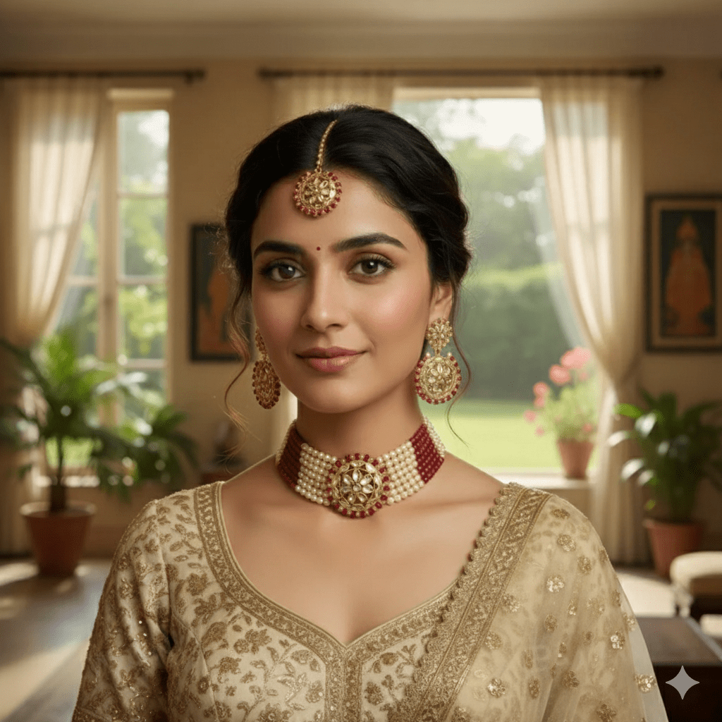 Traditional Kundan Choker Necklace Set with Earrings for Women & Girls - Red & Gold Beaded Jewelry - Roop Vibe