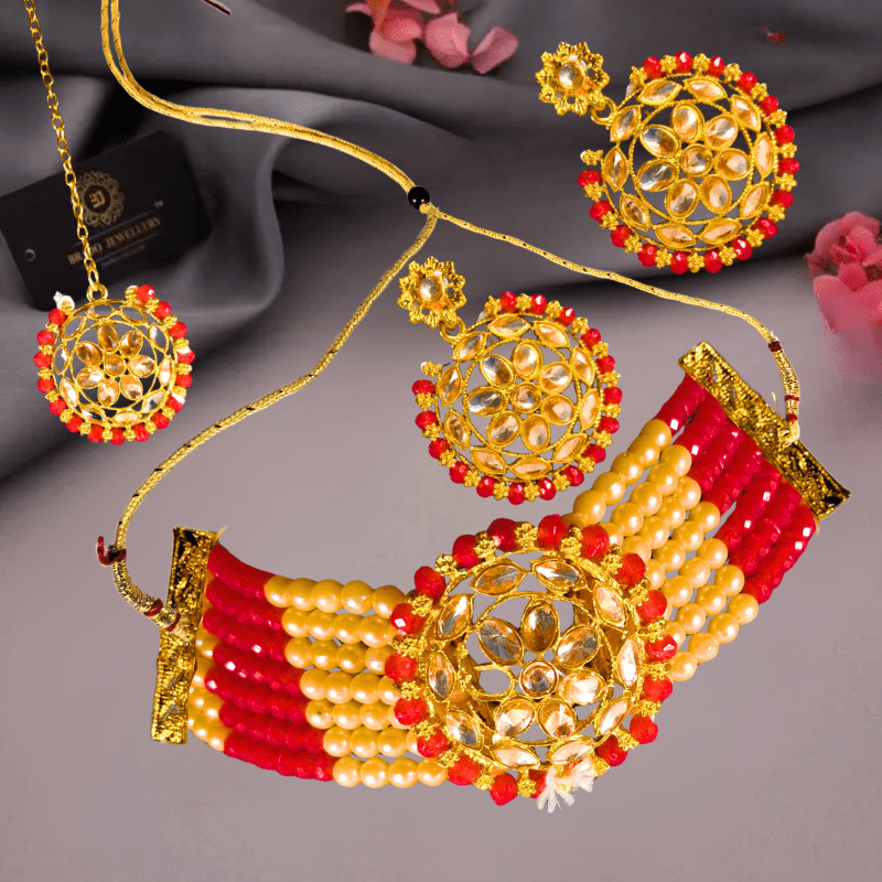 Traditional Kundan Choker Necklace Set with Earrings for Women & Girls - Red & Gold Beaded Jewelry - Roop Vibe