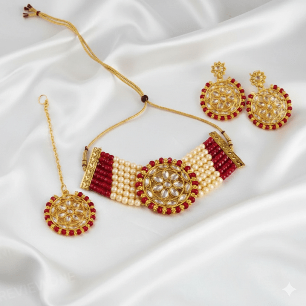 Traditional Kundan Choker Necklace Set with Earrings for Women & Girls - Red & Gold Beaded Jewelry - Roop Vibe