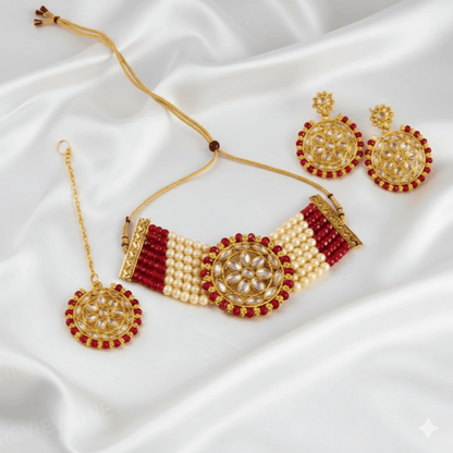 Traditional Kundan Choker Necklace Set with Earrings for Women & Girls - Red & Gold Beaded Jewelry - Roop Vibe