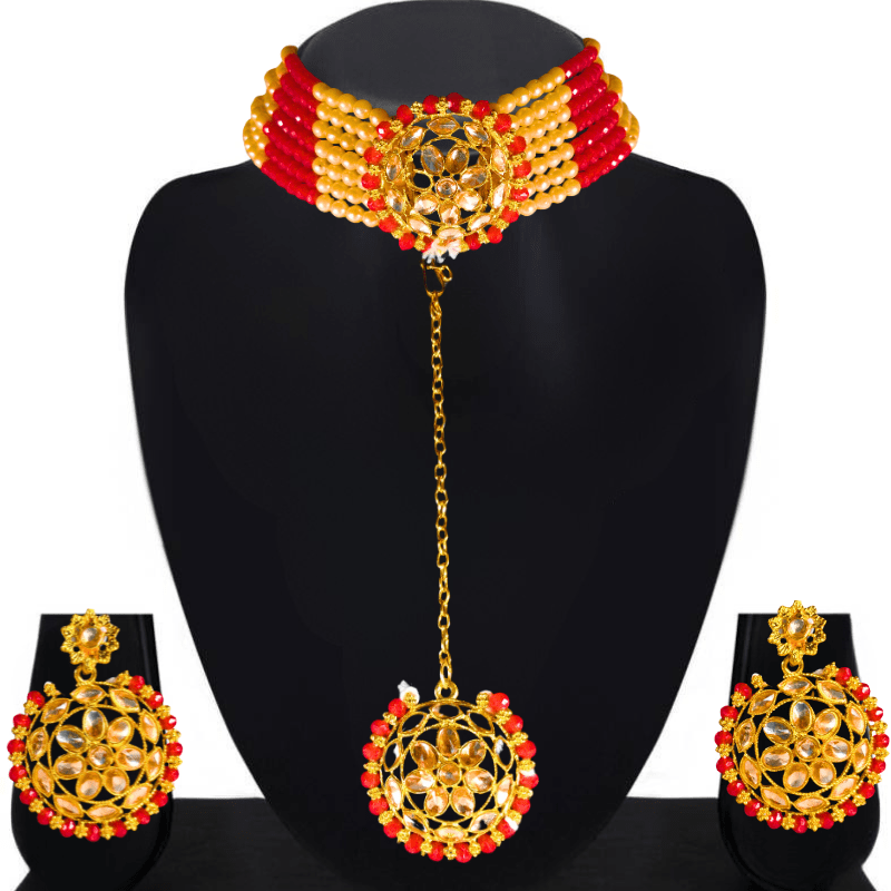 Traditional Kundan Choker Necklace Set with Earrings for Women & Girls - Red & Gold Beaded Jewelry - Roop Vibe