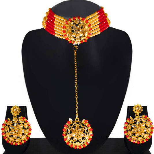 Traditional Kundan Choker Necklace Set with Earrings for Women & Girls - Red & Gold Beaded Jewelry - Roop Vibe