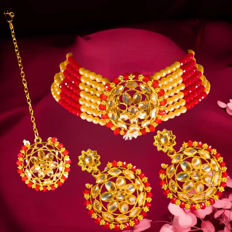 Traditional Kundan Choker Necklace Set with Earrings for Women & Girls - Red & Gold Beaded Jewelry - Roop Vibe