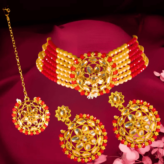 Traditional Kundan Choker Necklace Set with Earrings for Women & Girls - Red & Gold Beaded Jewelry - Roop Vibe