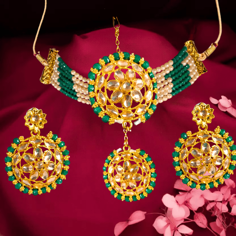 Traditional Kundan Choker Necklace Set with Earrings & Maang Tikka for Women and Girls (Green & Gold) - Roop Vibe