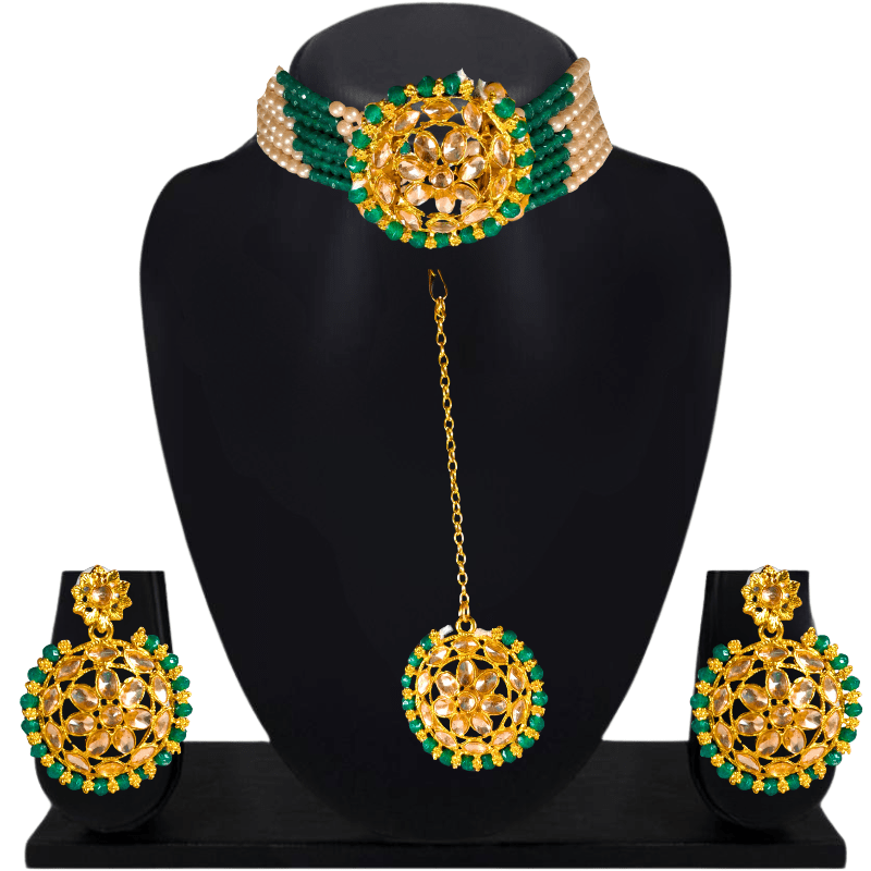 Traditional Kundan Choker Necklace Set with Earrings & Maang Tikka for Women and Girls (Green & Gold) - Roop Vibe
