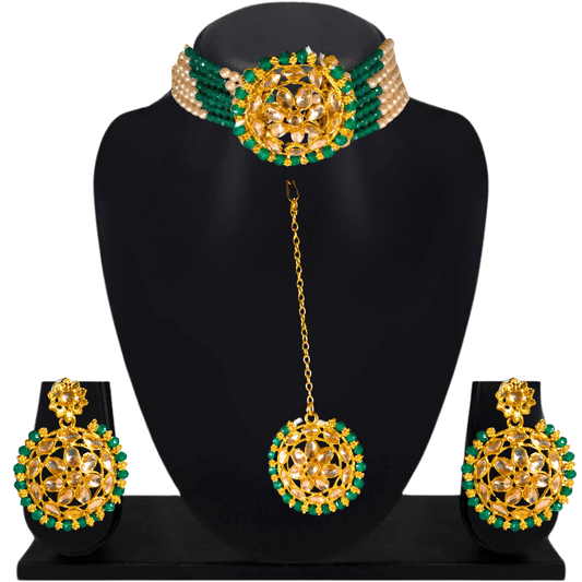 Traditional Kundan Choker Necklace Set with Earrings & Maang Tikka for Women and Girls (Green & Gold) - Roop Vibe