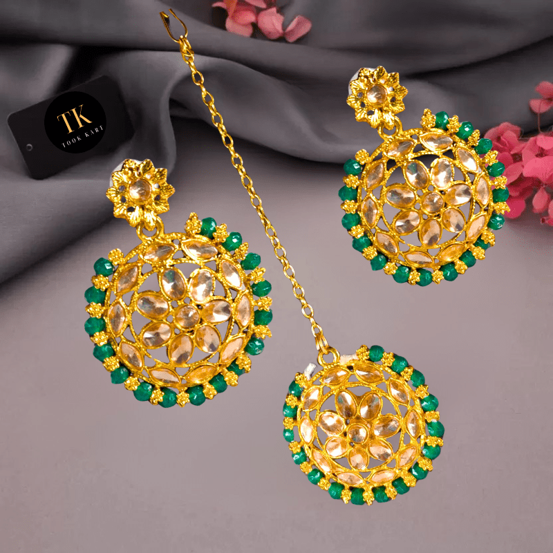 Traditional Kundan Choker Necklace Set with Earrings & Maang Tikka for Women and Girls (Green & Gold) - Roop Vibe