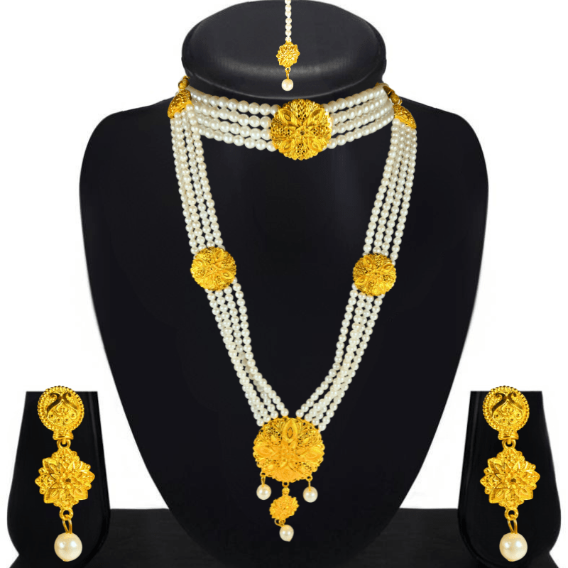 Traditional Pearl & Gold - Plated Bridal Jewellery Set for Women | Necklace, Earrings, Maang Tikka | Wedding & Festive Wear - Roop Vibe