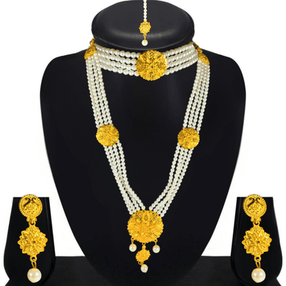 Traditional Pearl & Gold - Plated Bridal Jewellery Set for Women | Necklace, Earrings, Maang Tikka | Wedding & Festive Wear - Roop Vibe