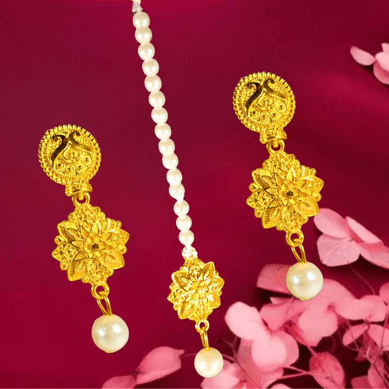 Traditional Pearl & Gold - Plated Bridal Jewellery Set for Women | Necklace, Earrings, Maang Tikka | Wedding & Festive Wear - Roop Vibe