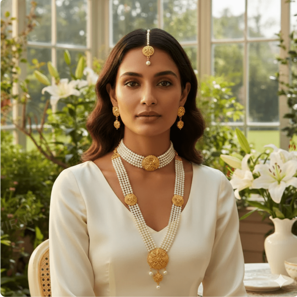 Traditional Pearl & Gold - Plated Bridal Jewellery Set for Women | Necklace, Earrings, Maang Tikka | Wedding & Festive Wear - Roop Vibe