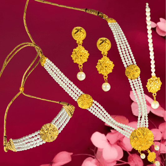 Traditional Pearl & Gold - Plated Bridal Jewellery Set for Women | Necklace, Earrings, Maang Tikka | Wedding & Festive Wear - Roop Vibe