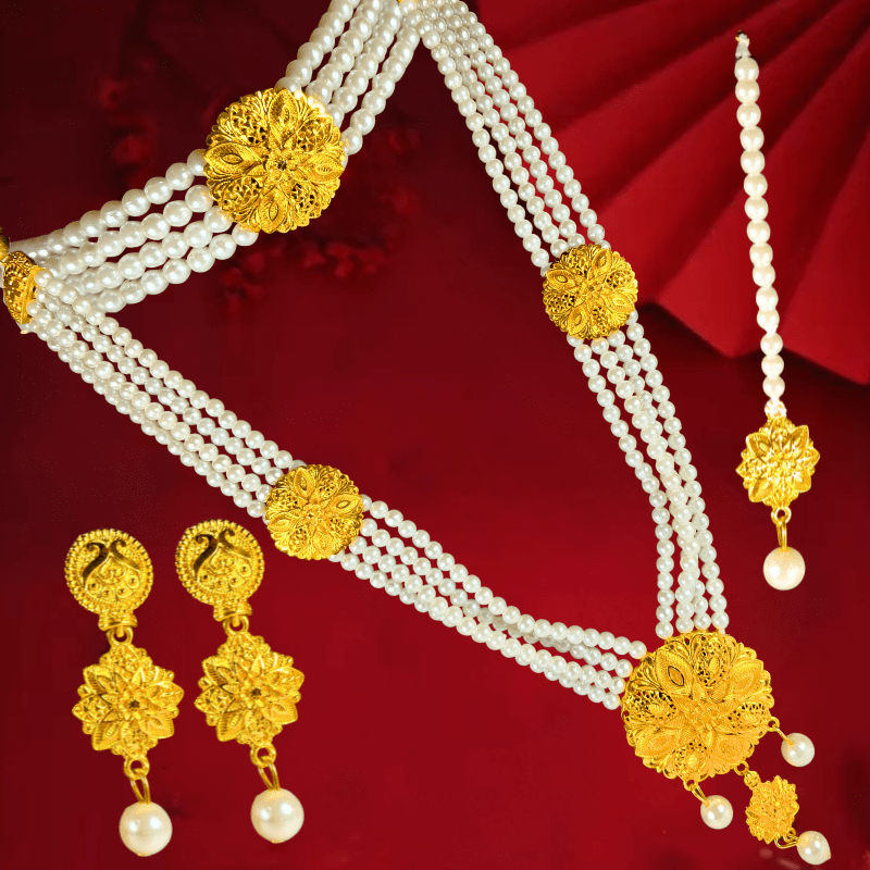 Traditional Pearl & Gold - Plated Bridal Jewellery Set for Women | Necklace, Earrings, Maang Tikka | Wedding & Festive Wear - Roop Vibe