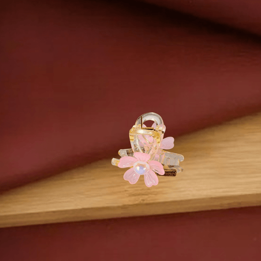 Trendy Mini Claw Hair Clip with Pink Flower and Pearl – Stylish Hair Accessory for Girls & Women - Roop Vibe